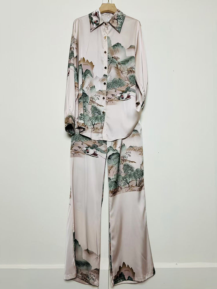 A Women's Retro Geometric Printed Lapel Shirt Two-piece Set + Loose Straight Pants Fashion Set