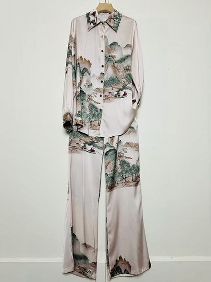 A Women's Retro Geometric Printed Lapel Shirt Two-piece Set + Loose Straight Pants Fashion Set