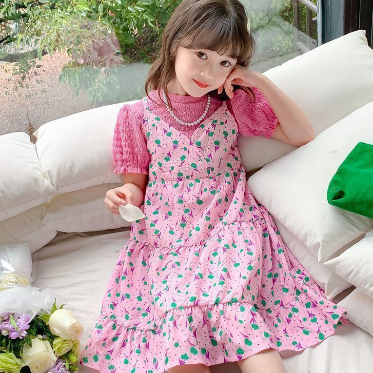 A girls' Korean version of floral small fresh skirt set medium and older children's summer new foreign-style sweet short-sleeved princess skirt tide