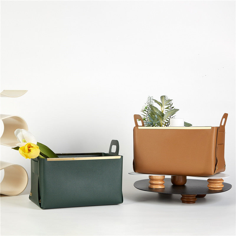 A Nordic desktop PU leather storage basket Foldable Phnom Penh sundries storage basket Stationery storage tray