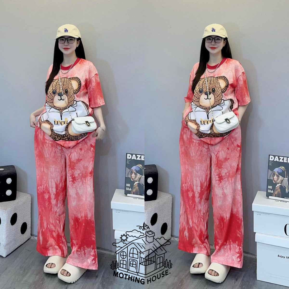 A tie-dye fashion suit women's new loose bear print short-sleeved wide-leg pants foreign style fashionable two-piece set summer