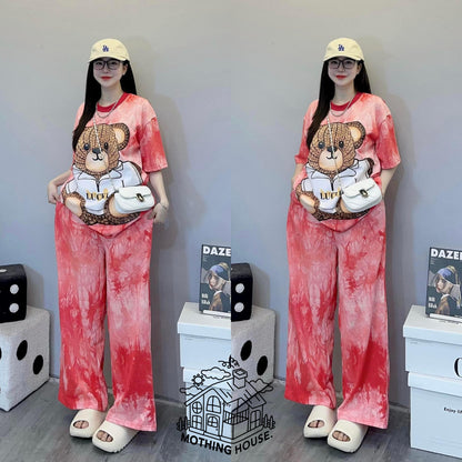 A tie-dye fashion suit women's new loose bear print short-sleeved wide-leg pants foreign style fashionable two-piece set summer