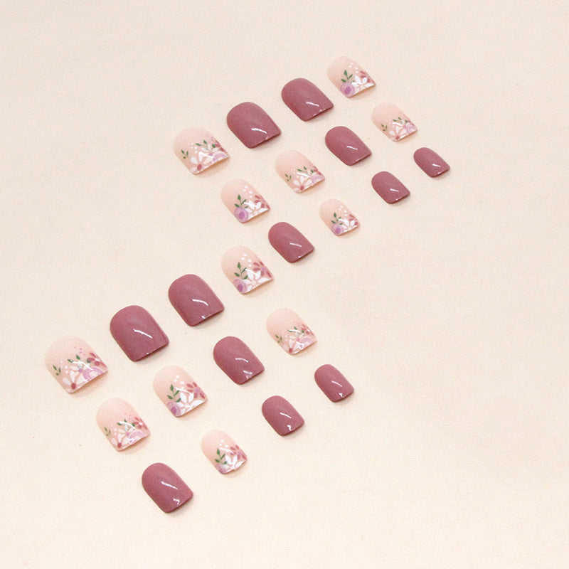 A girl pink short retro flower manicure, sweet girl fake nails, gentle spring and summer flowers wearing nail pads - Mixbatch