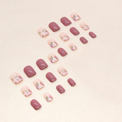 A girl pink short retro flower manicure, sweet girl fake nails, gentle spring and summer flowers wearing nail pads - Mixbatch