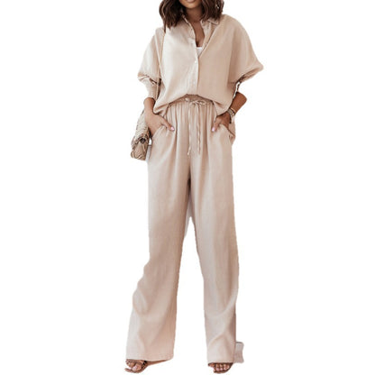 A European and American women's clothing spring new fashion temperament solid color lapel shirt high waist trousers two-piece set women