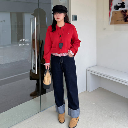 A Women's Curled Straight Pants High Waist Jeans