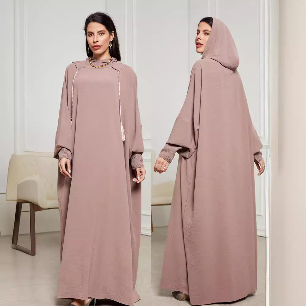 Cross-border new Muslim Middle East Arabian hooded hijab long dress rope fashion elegant dress robe - Mixbatch