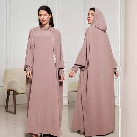 Cross-border new Muslim Middle East Arabian hooded hijab long dress rope fashion elegant dress robe - Mixbatch