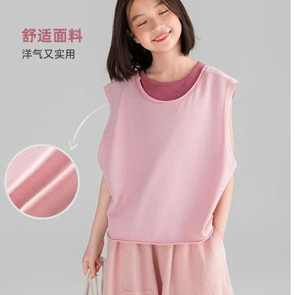 A girls sleeveless vest summer new dopamine solid color loose fashion base two-piece combination top