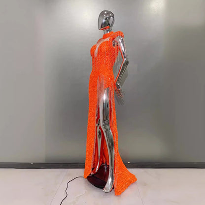 A smart fringe sexy hollow high split orange sequin dress elegant red carpet annual dinner dress