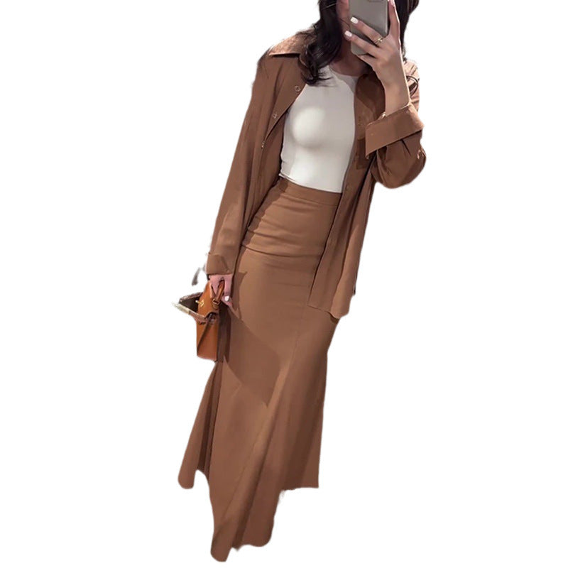 A Autumn Casual Fashion Comfortable Shirt High Waist Hip Wrap Slim Skirt Set