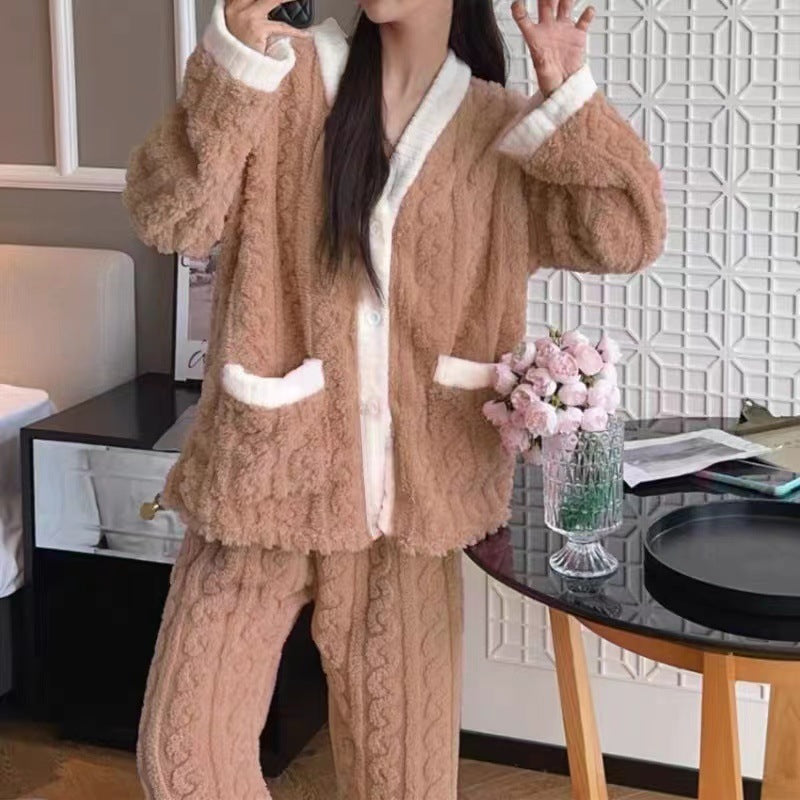 A Autumn and winter pajamas women's high-value fleece thickened can be worn outside loose Korean version of student coral fleece suit loungewear - Mixbatch