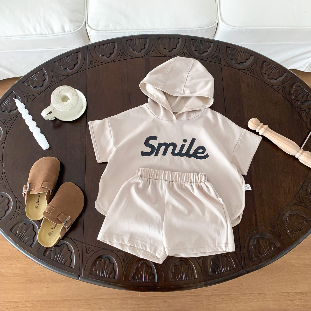 A 2024 Summer Children's Clothing Letter Printed Short sleeved Shorts Set for Boys and Girls Thin Hooded Outgoing Two Piece Set - Mixbatch