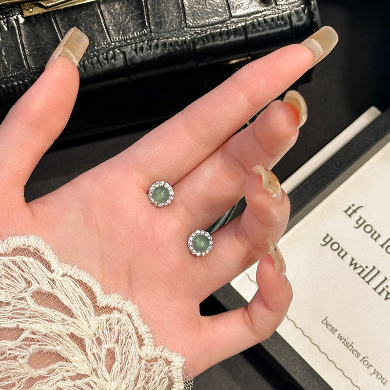 French retro sterling silver s925 stud earrings natural blue water jadeite dangerous material round bead gentle temperament daughter celebrity style