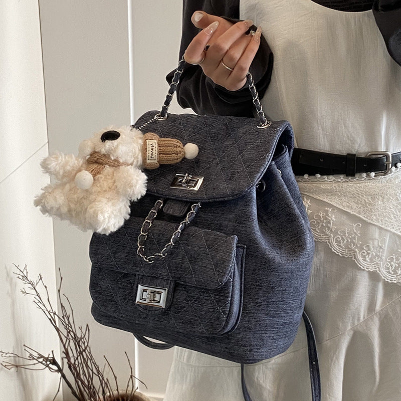 A denim texture small fragrant wind rhombus chain portable small bag fashionable commuter versatile backpack