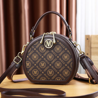 A new women's bag pu printed casual shoulder bag portable round cake bag women's bag - Mixbatch