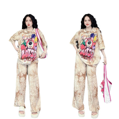 A tie-dye fashion suit women's summer loose cartoon print short-sleeved wide-leg pants casual two-piece set trendy