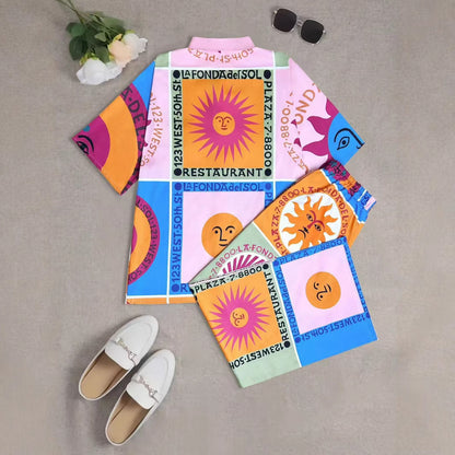 A new independent station holiday style sun and moon print women's suit shirt and wide-leg pants