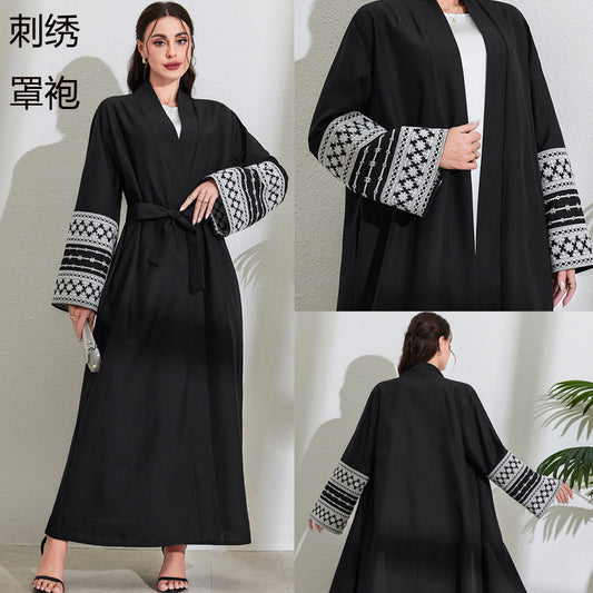 Middle Eastern Muslim Fashion Elegant Cardigan Embroidered Belt Dress Pocket Robe - Mixbatch