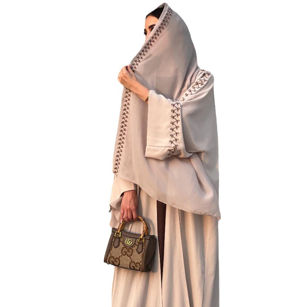 Women's Abaya Middle East Muslim Turban Cardigan Embroidered Dress Arabian Robe Bat Sleeve Overcoat Cross-Border - Mixbatch