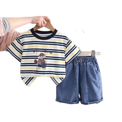 A Children's Summer Retro Color Coffee Striped Short Sleeve T-Shirt Boys and Girls Cartoon Crew Neck Half Sleeve Set