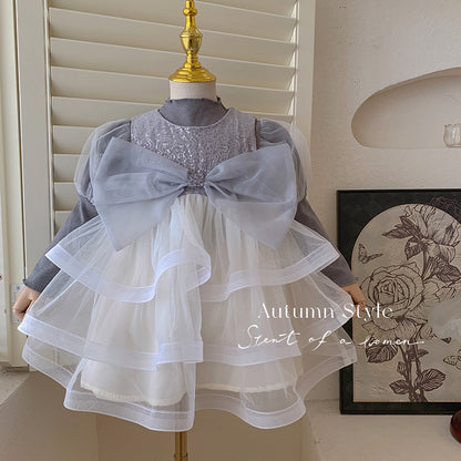 A new autumn sequined bow mesh gray tank top skirt cake skirt children's bubble sleeve bottoming shirt set