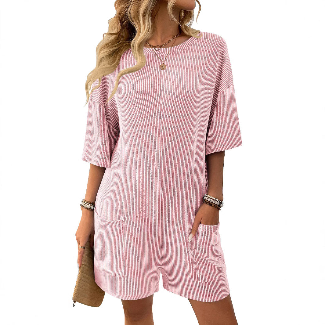 European and American cross-border Amazon independent station 2025 new products for women's loose pockets V-neck short-sleeved jumpsuits