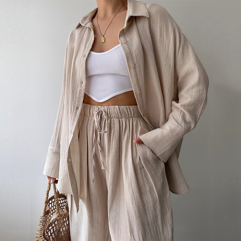 A autumn new simple niche lapel collar long-sleeved shirt high waist trousers casual suit