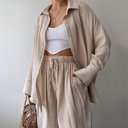 A autumn new simple niche lapel collar long-sleeved shirt high waist trousers casual suit