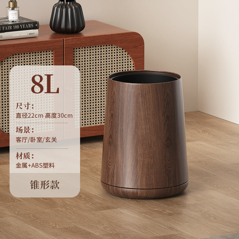 A black walnut wood grain trash can