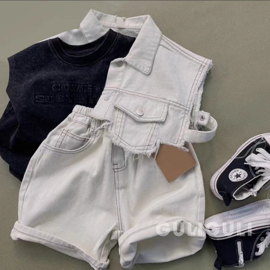 A boys summer denim suit ruffian handsome fried street fashionable loose children's denim shirt thin shorts two-piece set / three-piece set