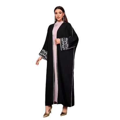 New Embroidered Middle East Muslim Fashion Cardigan Arab Robe Bat Sleeve Embroidered Headscarf Black - Mixbatch