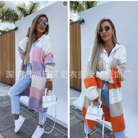 A multi-colored striped sweater loose long knitted cardigan jacket