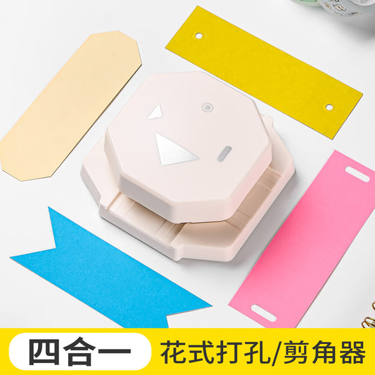 A 4-in-1 hole punch, embossing device, fillet embossing machine, binding label, hang tag DIY manual oval hole