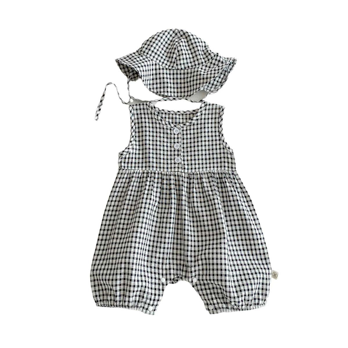 A girl baby summer thin floral bag fart clothes crawling baby western style plaid sleeveless vest jumpsuit to send a hat. - Mixbatch