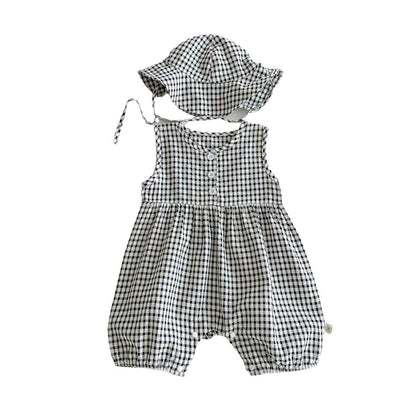 A girl baby summer thin floral bag fart clothes crawling baby western style plaid sleeveless vest jumpsuit to send a hat. - Mixbatch