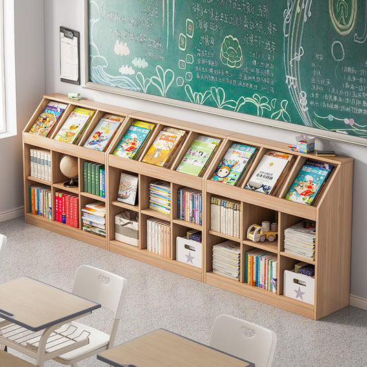 A school classroom bookshelf and storage cabinet