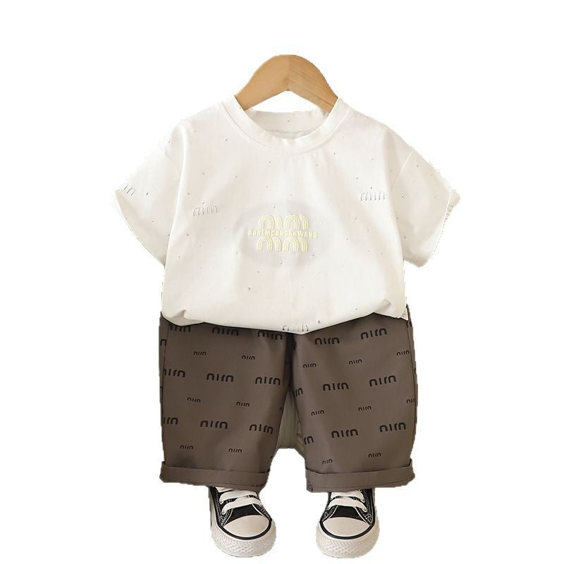 A summer new model 0-4 years old medium and small children boys and girls printed letter short-sleeved two-piece summer t-shirt set