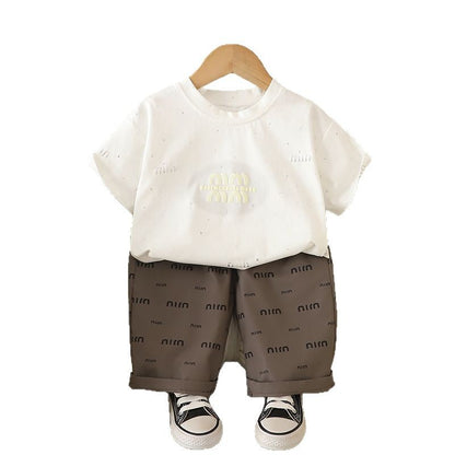 A summer new model 0-4 years old medium and small children boys and girls printed letter short-sleeved two-piece summer t-shirt set