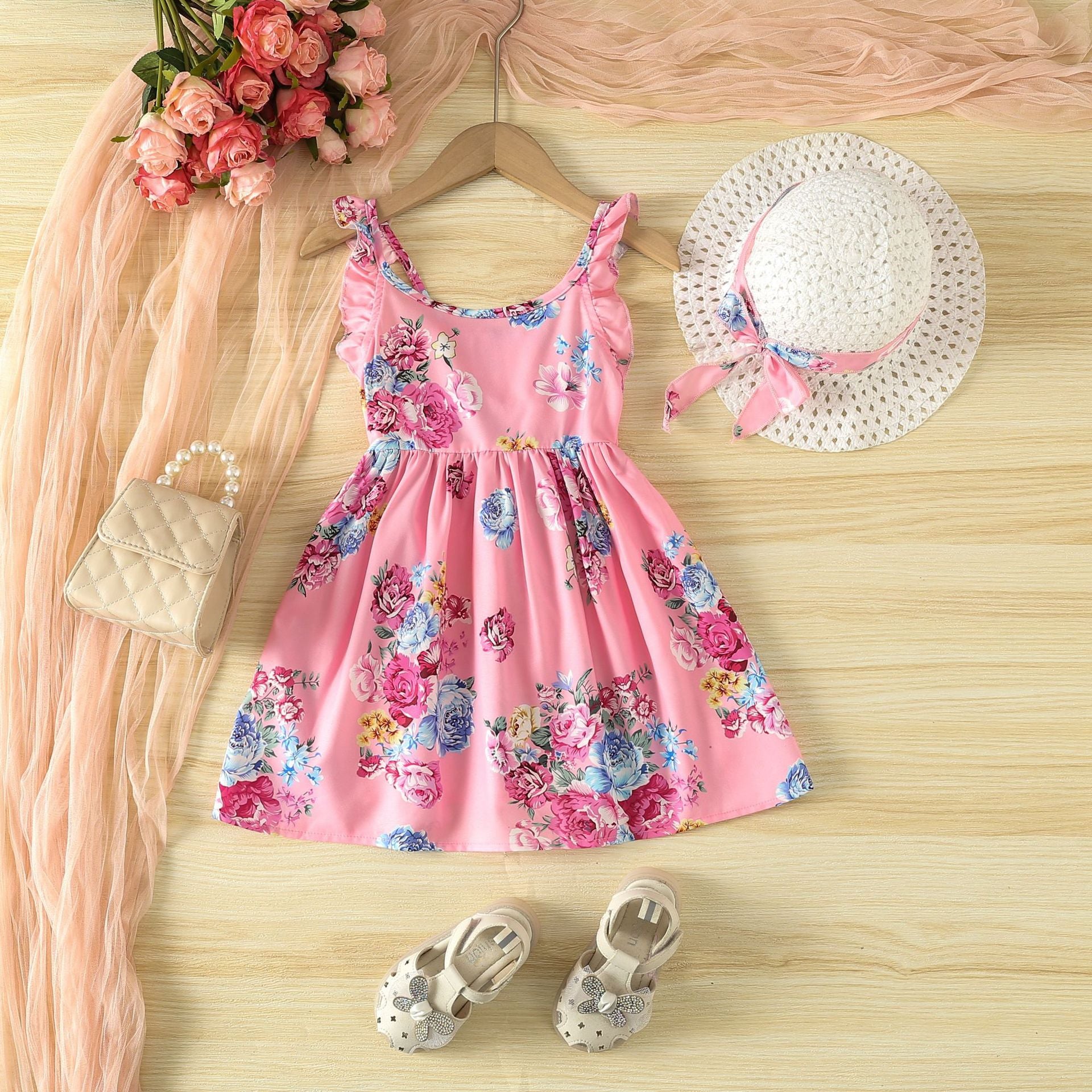 A Kids dress Girls fashion summer dress Korean version sleeveless simple flower print princess dress - Mixbatch