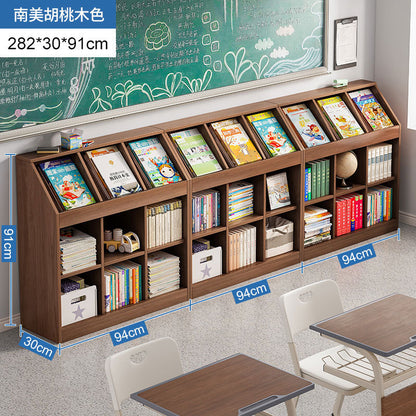 A school classroom bookshelf and storage cabinet