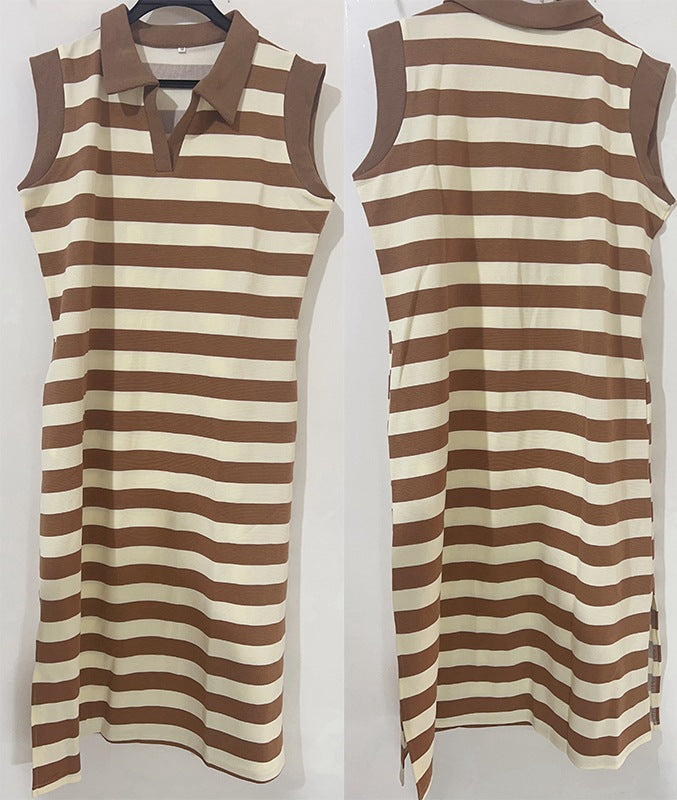 Europe, America cross-border Amazon independent station 2025 summer striped pocket new lapel sleeveless long dress - Mixbatch