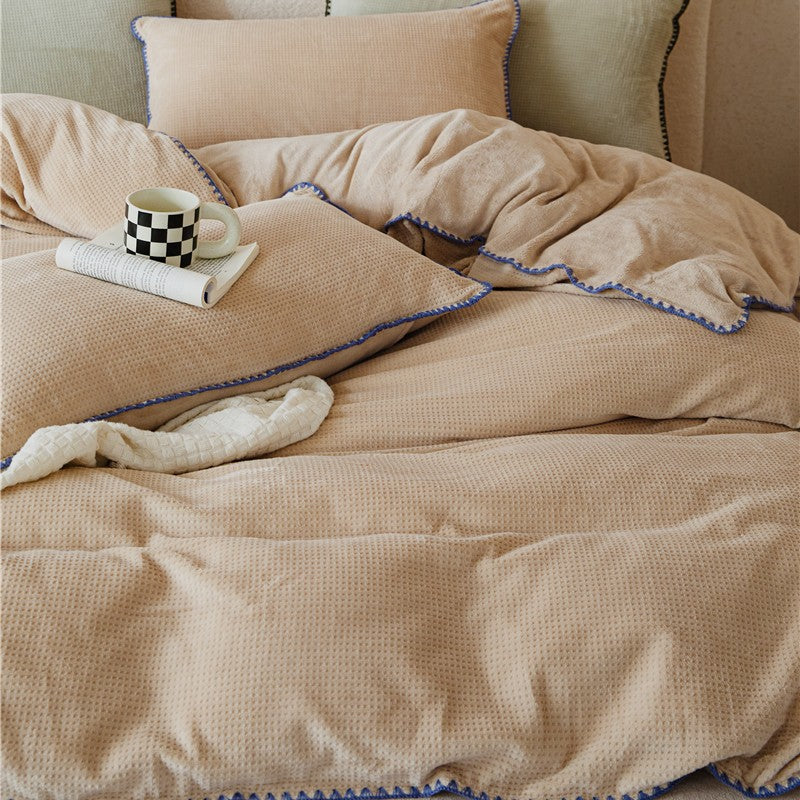 Winter Waffle Carved Flower Cow Milk Plush Thickened Bedding Set of Four Pieces with Double sided Velvet Warmth Quilt Cover and Fitted Bedding 4 1.0kg - Mixbatch