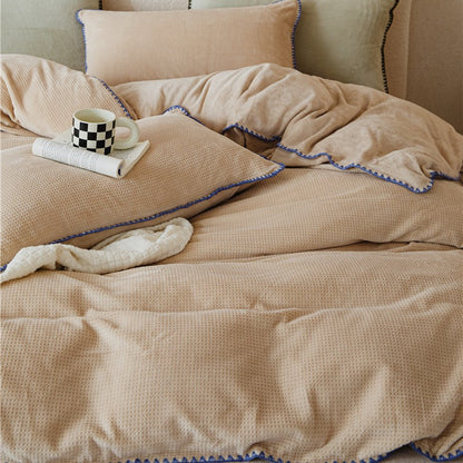 Winter Waffle Carved Flower Cow Milk Plush Thickened Bedding Set of Four Pieces with Double sided Velvet Warmth Quilt Cover and Fitted Bedding 4 1.0kg - Mixbatch