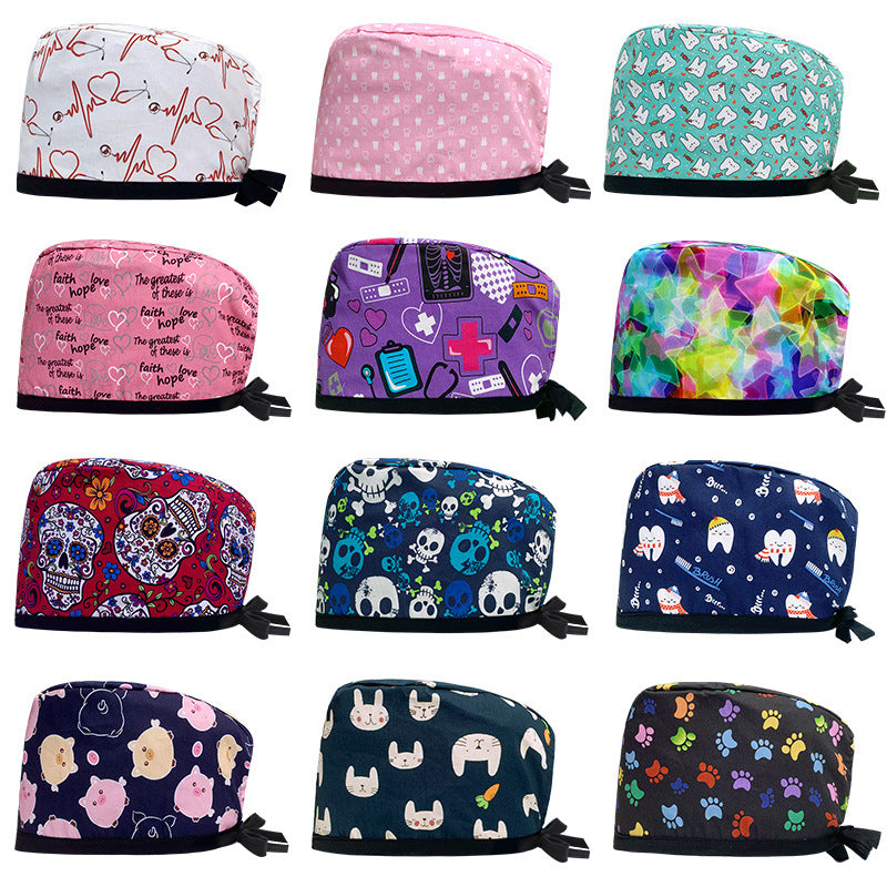 A Cotton Printed Surgical Cap Adjustable Women's Long Hair Baotou Cap Dentist Stomatology Clinic Frosted Cap Men's Foreign Trade