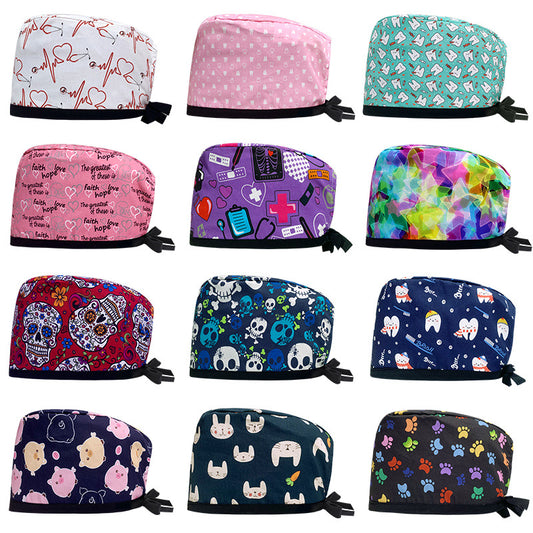A Cotton Printed Surgical Cap Adjustable Women's Long Hair Baotou Cap Dentist Stomatology Clinic Frosted Cap Men's Foreign Trade