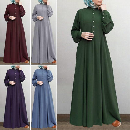 Europe, America, Central and Southeast Asia Autumn and Winter Casual National Style Retro Cardigan Crew Neck Pendulum Dress Muslim Women's Clothing - Mixbatch