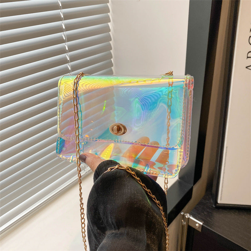 A new laser colorful small square bag chain small bag mobile phone bag change bag transparent bag shoulder messenger bag