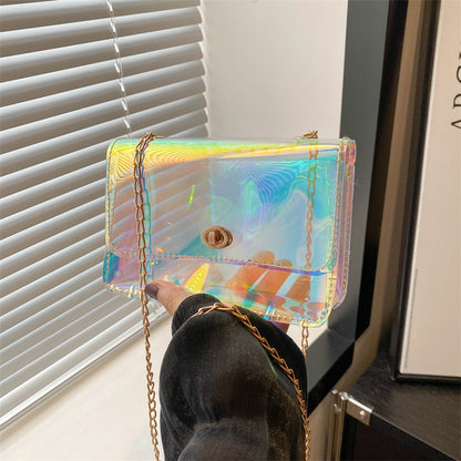 A new laser colorful small square bag chain small bag mobile phone bag change bag transparent bag shoulder messenger bag