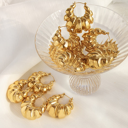 A: European and American fashion temperament, retro exaggerated titanium steel earrings, stainless steel plated, 18K thread, concave and convex geometric earrings, women